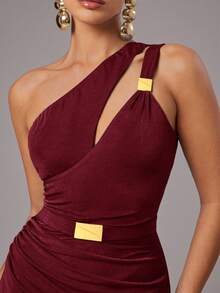 Silquee Women's Solid Color Asymmetric Neckline Hollow Out Elegant Sleeveless Dress,Red Dresses For Women,Christmas Dresses For Women - Burgundy - View 6