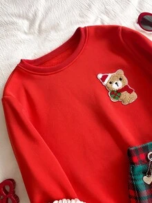 Girls Sweatshirt Set,Cute Autumn Red Sweatshirt With Bear Graphic & Green Plaid Pleated Skirt,Fashionable School Outfits For Daily Wear,Shopping - Multicolor - View 3