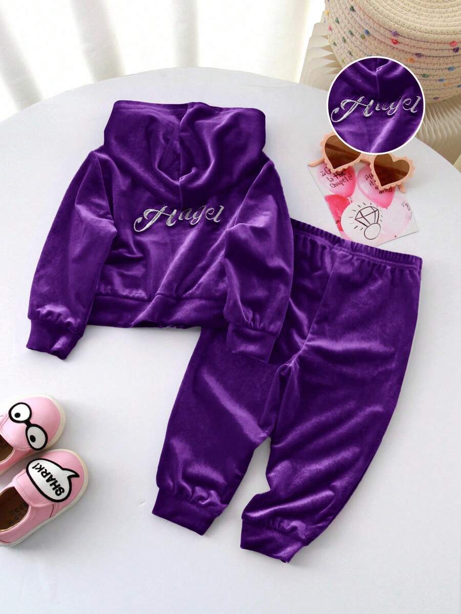 SHEIN Babygirl 天鹅绒长袖连帽夹克和松紧腰裤套装，时尚可爱 - 紫色 - 查看 1
