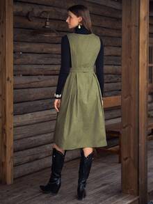 Vestido midi con volantes, bolsillos y cinturón de botones en la cintura, estilo bohemio y occidental, color verde, marca "LanaWest" - Verde militar - Ver 9