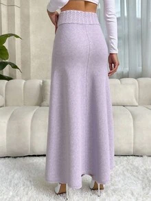 Elenzga Chân váy bút chì túi cạp cao thanh lịch, màu xám tím, thu/đông - Bụi tím - Xem 4
