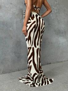 Aloruh 女式性感优雅复古热带雨林斑马图案连体泳衣，搭配低腰长鱼尾裙和沙滩裹身罩衫，春夏 - 棕色 - 查看 2