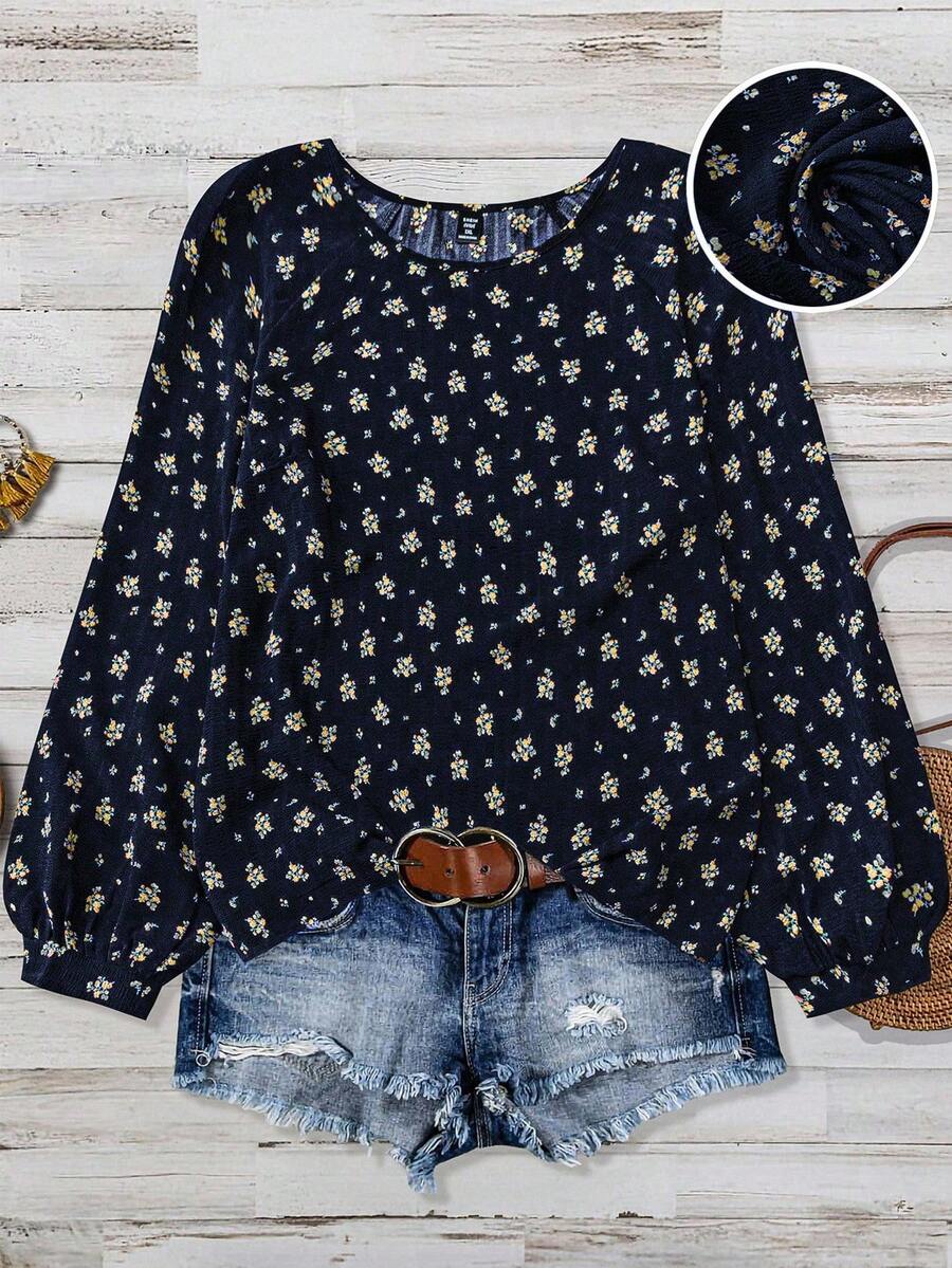 Linhara Women's Plus Size Simple Round Neck Texture Bubble Wrinkle Print Full Small Floral Raglan Sleeve Shirt Top Western Summer Women Outfit Boho