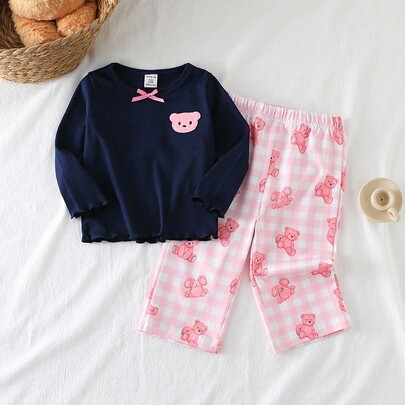 2pcs Girls Autumn/Winter Cute Navy Bear Applique Top + Pink Plaid Bear Print Long Sleeve Pants Set