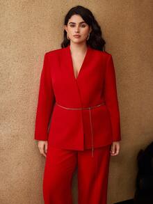 MOTF PREMIUM 大码斜领纯色西装外套（配链条腰带） - 紅色 - 查看 1