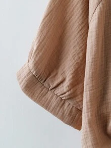 Linhara Áo sơ mi họa tiết tay giữa màu trơn cỡ lớn, cài nút phía trước, thường ngày - màu nâu - Xem 4