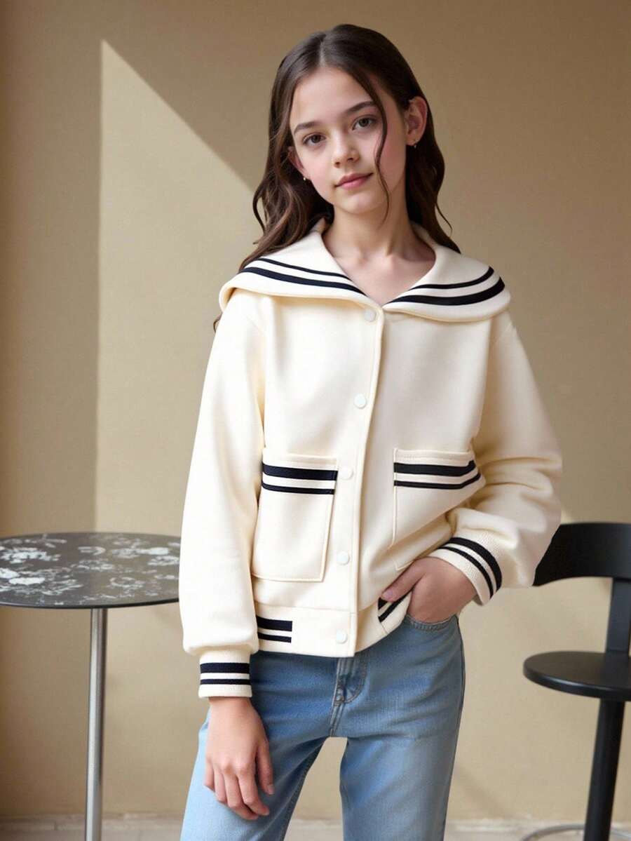 1pc Young Girl Cute Striped Print Knitted Cardigan With Lapel Collar Fall Winter - Apricot - View 1