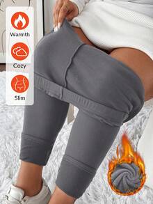 SHEIN LUNE Quần legging giữ nhiệt lót nỉ màu trơn cỡ lớn cho nữ Quần legging ôm vừa vặn Quần legging giữ ấm Quần legging cho nữ Quần legging ấm áp Quần legging lót nỉ Quần legging giữ nhiệt/Quần legging ôm mùa đông - Màu xám đen - Xem 1