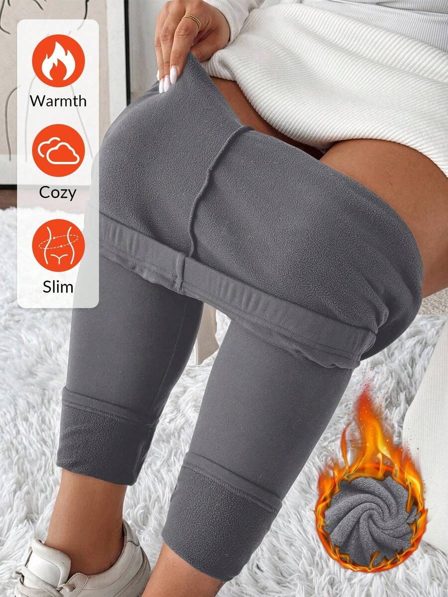 SHEIN LUNE Quần legging giữ nhiệt lót nỉ màu trơn cỡ lớn cho nữ Quần legging ôm vừa vặn Quần legging giữ ấm Quần legging cho nữ Quần legging ấm áp Quần legging lót nỉ Quần legging giữ nhiệt/Quần legging ôm mùa đông - Màu xám đen - Xem 1