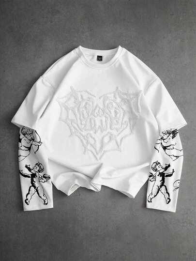 PAVTROS Camiseta con estampado bordado de ángel Cupido de estilo callejero popular INS para hombres, para festival de música al aire libre, regalo para novio/esposo, regalo de aniversario, para otoño