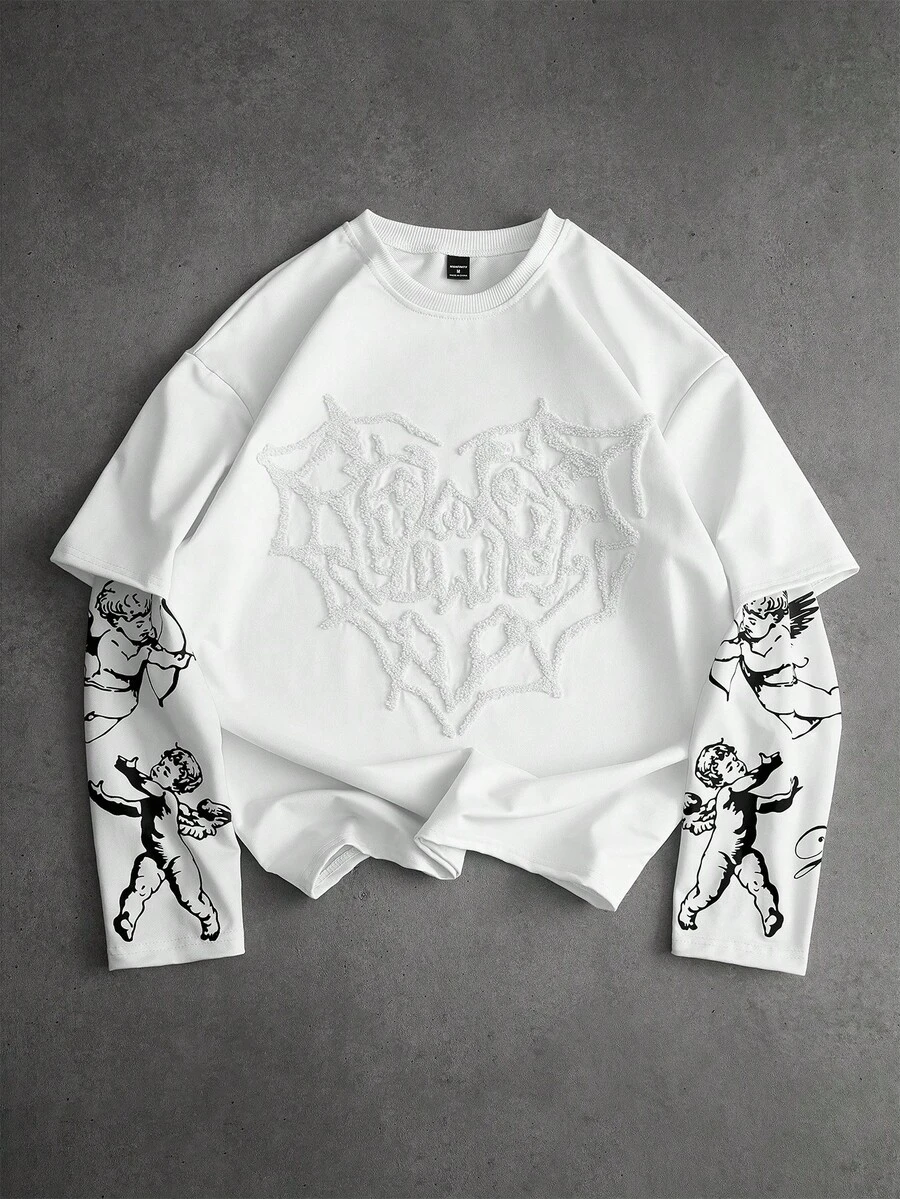 PAVTROS 男士街头风格流行 INS 匹配天使丘比特印花刺绣心形 T 恤，户外音乐节，夜总会礼物，送给男朋友/丈夫，周年纪念礼物，适合秋季 - 白色 - 查看 1