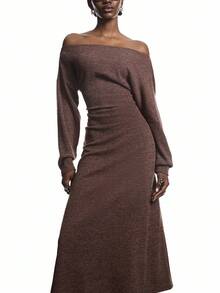 LYSMO 女式纯色不对称肩长袖褶皱休闲连衣裙 - 棕色 - 查看 5