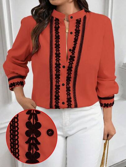 EMERY ROSE Plus Size Contrast Color Trim Collar & Cuff Casual/Work Wear Long Sleeve Shirt