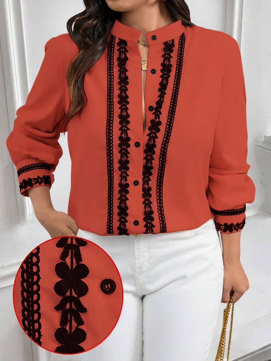 EMERY ROSE Áo sơ mi dài tay cổ và tay áo viền màu tương phản cỡ lớn mặc thường ngày/đi làm - trái cam - Xem 1