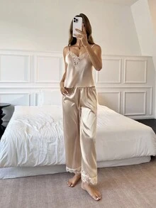 Aloruh Eyelash Lace Panel Satin Cami Top & Pants PJ Set / Pajama Set - Champagne - View 6