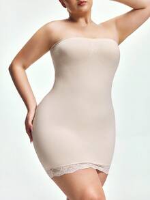 SHAPORA 塑身连衣裙、塑身腰部、蕾丝拼接、性感露肩内衣、婚纱、防滑、礼服、汗衫、紧身裙、大码塑身连衣裙 - 杏色 - 查看 5