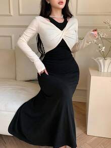 DAZY 女式拼色扭纹设计优雅长袖毛衣裙 - 黑色 - 查看 5