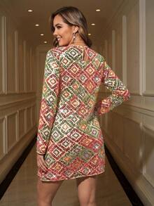 Ellevyn 女士彩色亮片几何印花优雅圆领长袖迷你连衣裙，适合日常穿着、派对、社交活动、秋冬季 - 彩色 - 查看 3