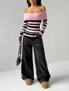 Flirla 1pc Women's Casual Versatile Off Shoulder Long Sleeve Fitted Sweater - Watermelon Pink - View 5