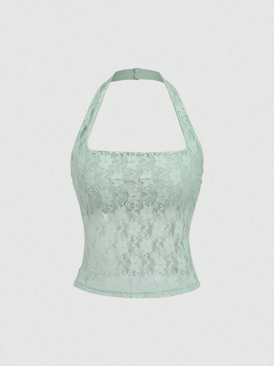 Sweetra 优雅性感纯色蕾丝吊带背心，Y2K风格，适合圣诞节、新年派对等场合 - 薄荷綠 - 查看 1