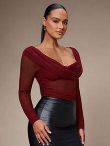 Silquee Blusa elegante de mujer con cuello de corazón, manga larga transparente y ajustada con pliegues - Burdeos - Ver 5