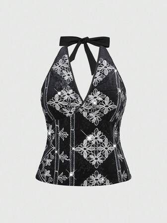 Hippie Blusa de tirantes con cuello halter bordada y con cuentas para tallas grandes