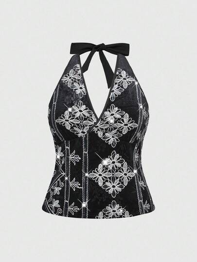 Hippie Canotta con scollo ad aletta ricamata e impreziosita da perline per taglie comode