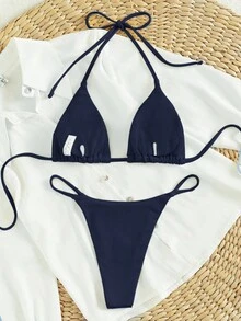 Oceva 2026 春夏女士度假专用面料细肩带露背海军蓝性感丁字裤比基尼两件套泳衣 - 藏蓝色 - 查看 2