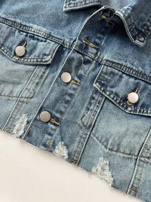 Elamini 破洞落肩袖短款牛仔夾克 - 淺色水洗藍 - 查看 5