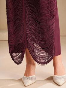 Anewsta 优雅朱砂红色修身挂脖流苏连衣裙，奢华晚礼服，时尚派对礼服 - 酒紅色 - 查看 5