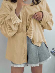 DAZY 女式宽松领口条纹设计休闲衬衫，蓝色，春夏秋装，秋季女装长袖上衣 - 黃色 - 查看 3