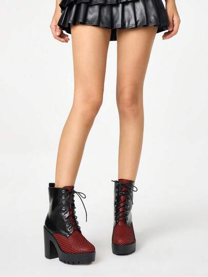 Grunge Punk Women's Gothic Round Toe Chunky Heel Platform Punk Boots, Suede & PU Patchwork, Black High Heel Boots Suitable For Party, Daily Wear, Evening Dress, Height Increasing And Leg Lengthening