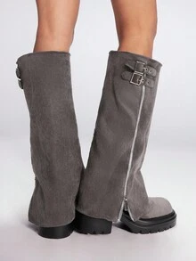 Sugerpunk 女式带扣设计侧拉链高跟中筒靴 - 灰色 - 查看 1