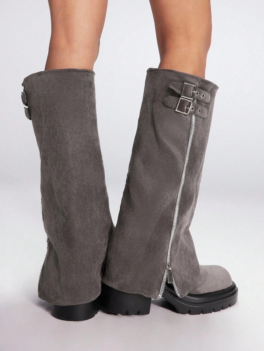 Sugerpunk 女式带扣设计侧拉链高跟中筒靴 - 灰色 - 查看 1
