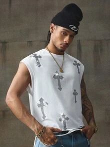 AXEPEAK Tank Top Tanpa Lengan Pria Kasual Musim Panas Warna Hitam dengan Hem Bertekstur dan Hiasan Rhinestone - Putih - View 5
