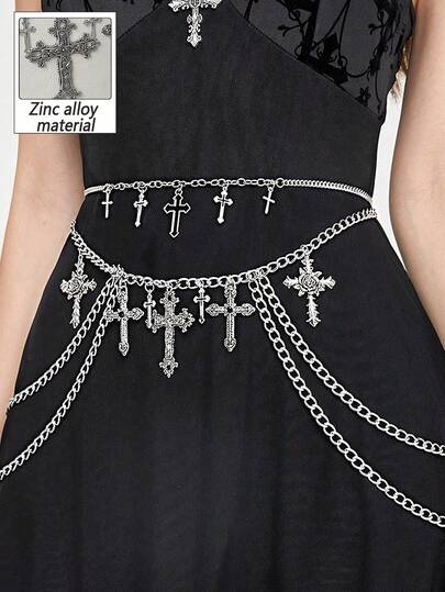 1pc Women Gothic Style Silver & Black Cross Layered Chain Waist Chain Dress Accessory, Versatile Daily, Halloween