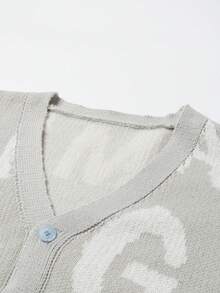 Manfinity EZcore Plus Size Men's Letter Print Front Button V-Neck Long Sleeve Cardigan, Fall/Winter