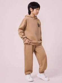 Conjunto de 2 peças de moletom com capuz e calça de moletom com estampa de letras gráficas, casual e versátil para meninos, para o dia a dia, e calça de moletom com caimento relaxado, adequado para deslocamento diário, escola, casual, férias, esportes, outono/inverno - Caqui - Ver 3