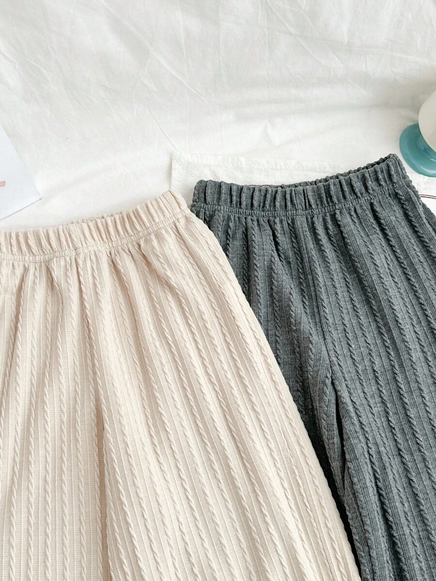 Genkimix Kids 两件套少女时尚简约3D提花针织宽松直筒裤，灰色和米色组合，适合秋季日常穿着。 - 灰色 - 查看 1