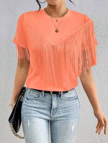 EMERY ROSE Solid Color Round Neck Tassel Decor Casual Summer Short Sleeve T-Shirt