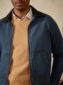 Manfinity Homme 街头休闲洗水黑色修身短款撞色领牛仔夹克，春秋 - 藍色 - 查看 5