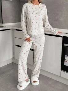 EURMUSE 加大码 2 件可爱心形图案家居服可爱睡衣套装 - 彩色 - 查看 3