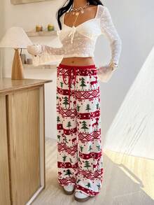 Zielony 女士简约时尚圣诞印花裤，圣诞冬季女士秋冬圣诞图案裤 - 彩色 - 查看 4