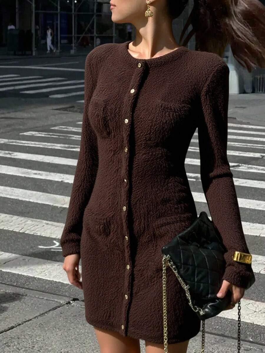 Siren Gaze Fall Clothes For Women Autumn Outfits For Women Elegant Brown Fuzzy Bodycon Dress, Women's 2025 New Autumn/Winter Warm Luxury Old Money Style Round Neck Front Button Long Sleeve Dress, Casual Daily Going Out Work Commute Business Casual Party Dress