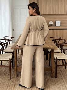 Weeklong 大码休闲通勤拼色衬衫和裤子两件套 - 卡其色 - 查看 2