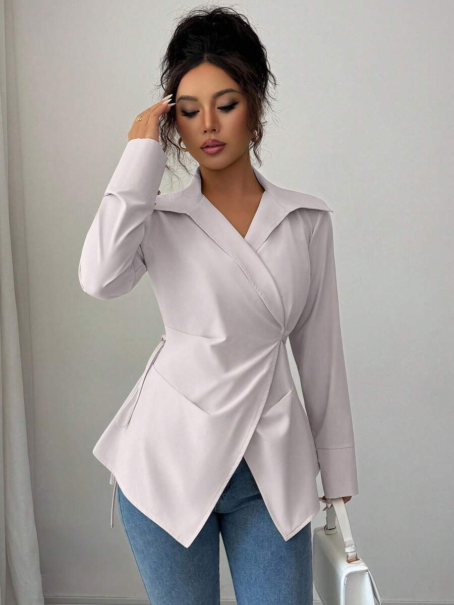 Elenzga Áo sơ mi dài tay bó eo màu trơn thanh lịch dành cho nữ, mùa thu - Màu be - Xem 1