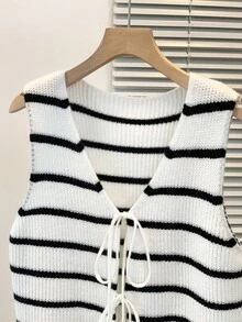 INAWLY 条纹休闲宽松前系带女式毛衣背心 - 白色 - 查看 3