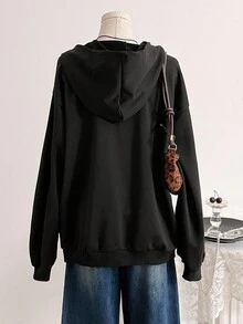 1pc Teen GirlCasual Minimalist Letter Print Pocket Zip-Up Hoodie Jacket, Simple Streetwear Style, Essential For Autumn/Winter Fall - Black - View 2