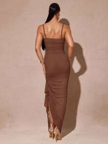 Silquee Elegant Sage Green Romantic Ruffle Sleeve High Slit Dress, Lace Bodycon Party Dress For Women, Suitable For Valentine's Day, Date, Wedding, Prom - Brown - View 7