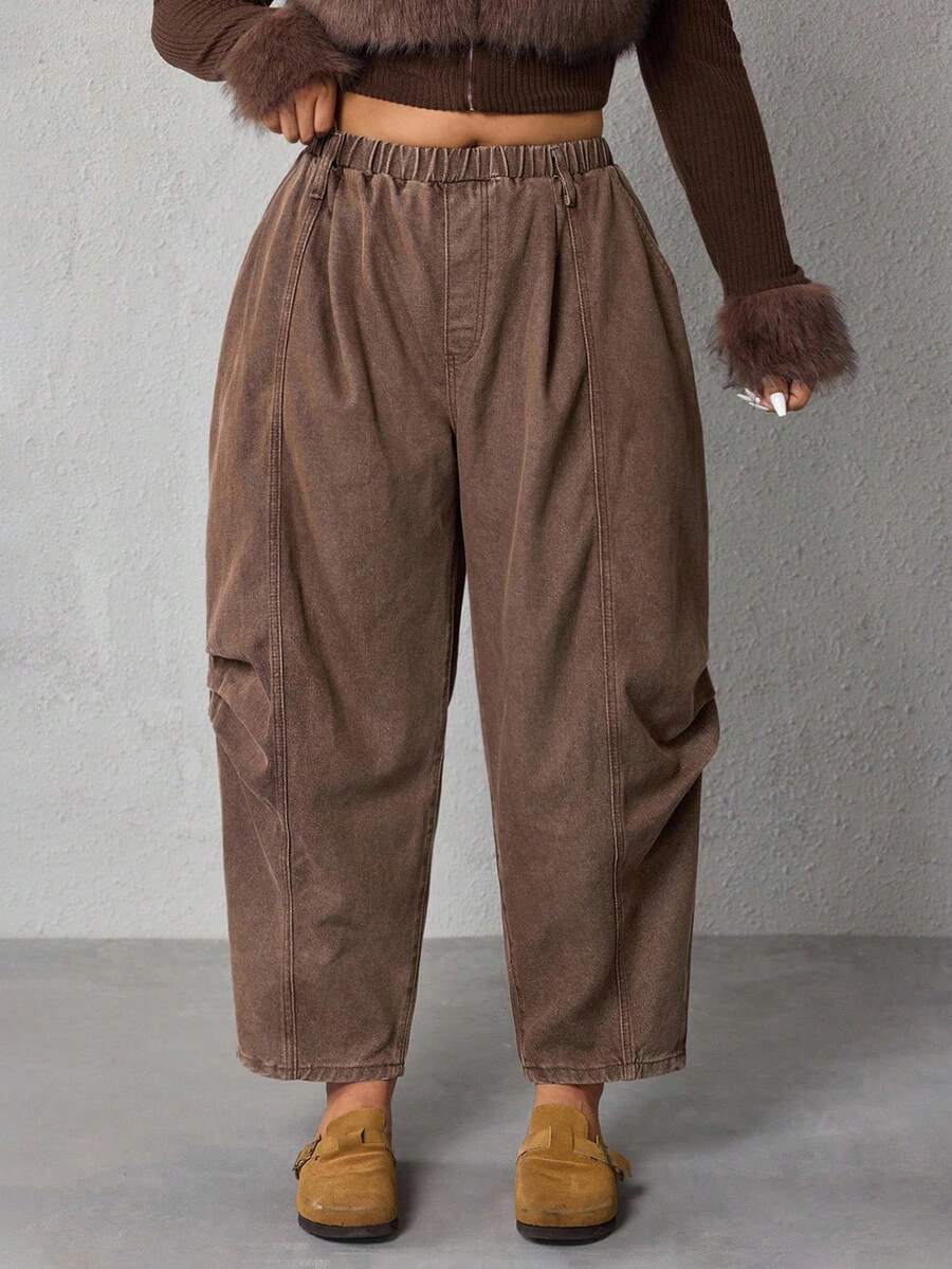 EMERY ROSE Plus Size Women's Elastic Waist Green Full Cotton Denim Harem Cropped Pants - Coffee Brown - View 1